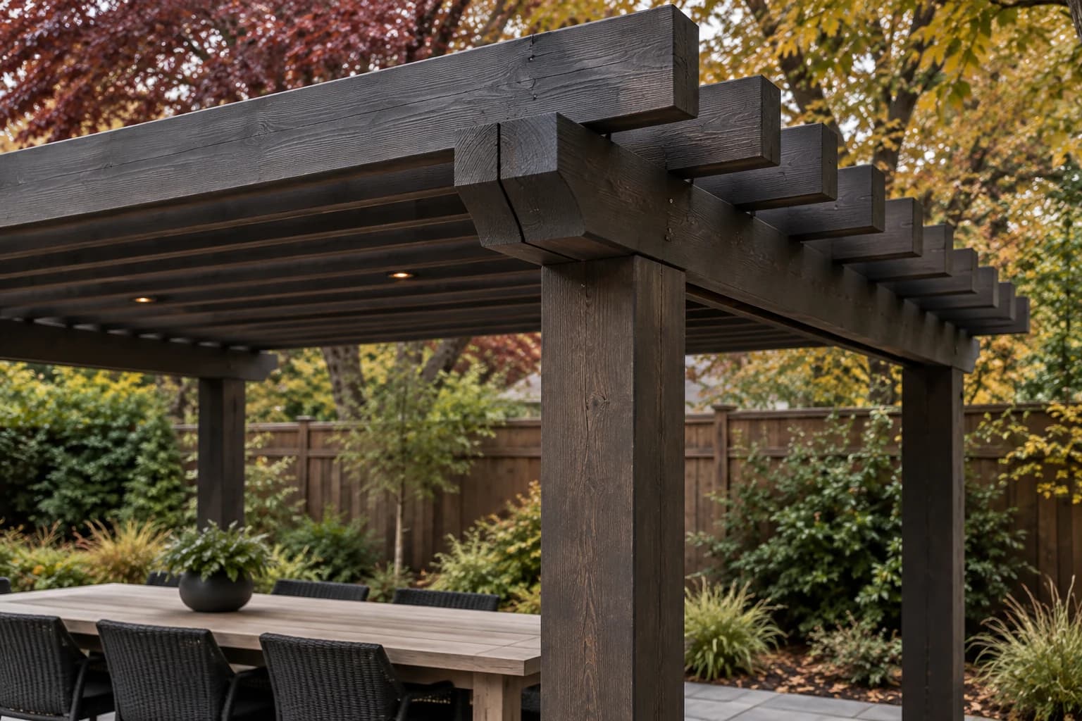 Outdoor dining beneath the timber pergola in the Fieldwork concept