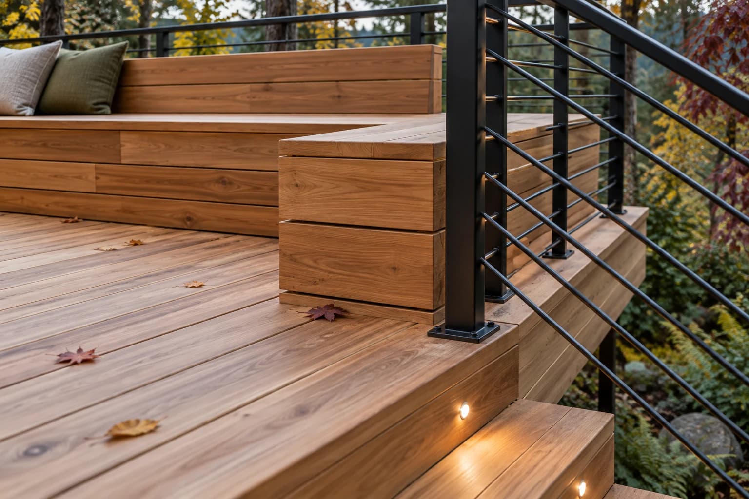 Cedar deck concept detail with built-in seating, dark railings and autumn leaves