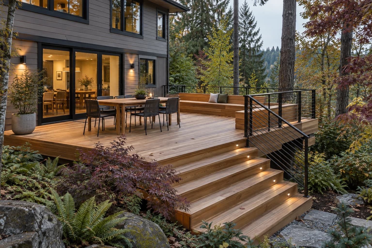 Fictional cedar deck with a built-in bench and black railing above a garden with turning autumn trees