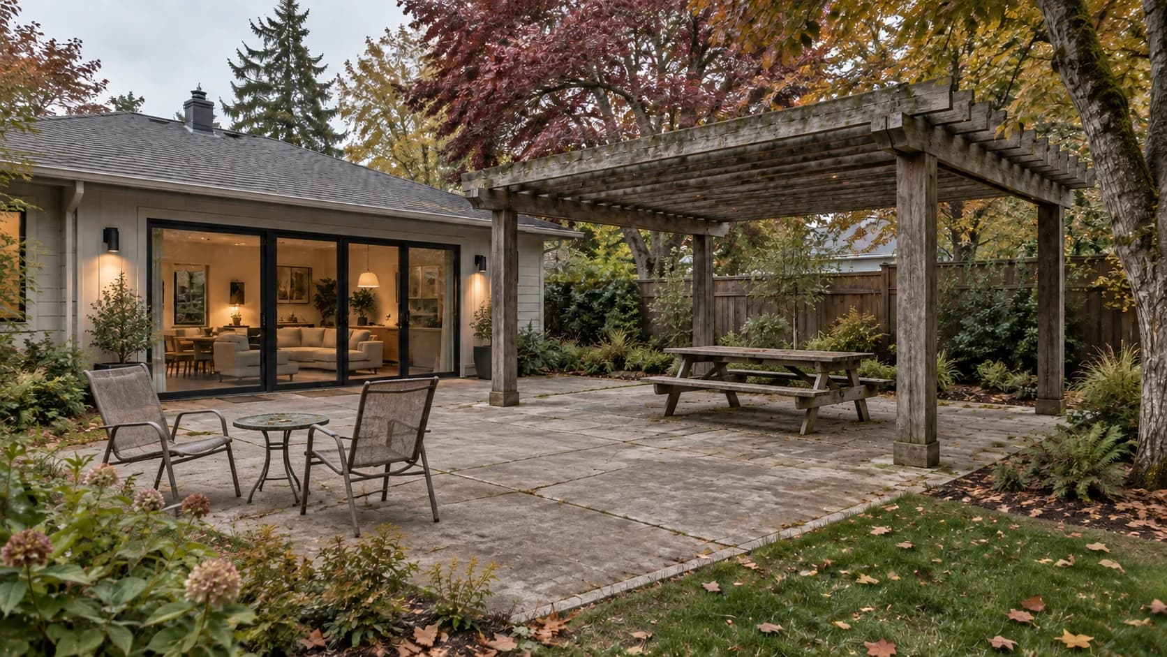 AI-generated existing-yard study: weathered concrete, a simple table and an older pergola beside the same house