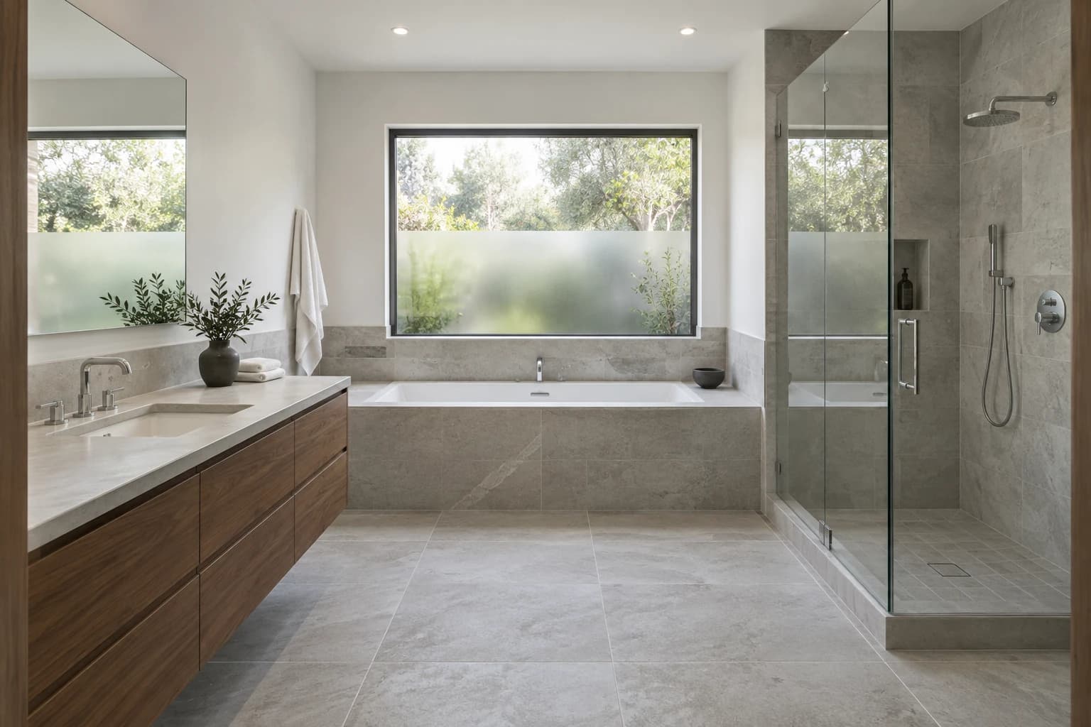 Concept bathroom with a timber vanity on the left, a window above the back bathtub and a glass shower on the right