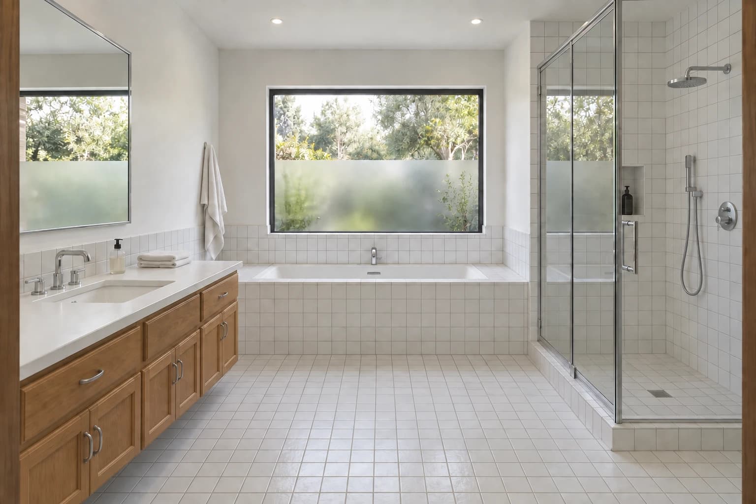 Existing-condition concept: the same room and camera with dated square tiles and oak finishes