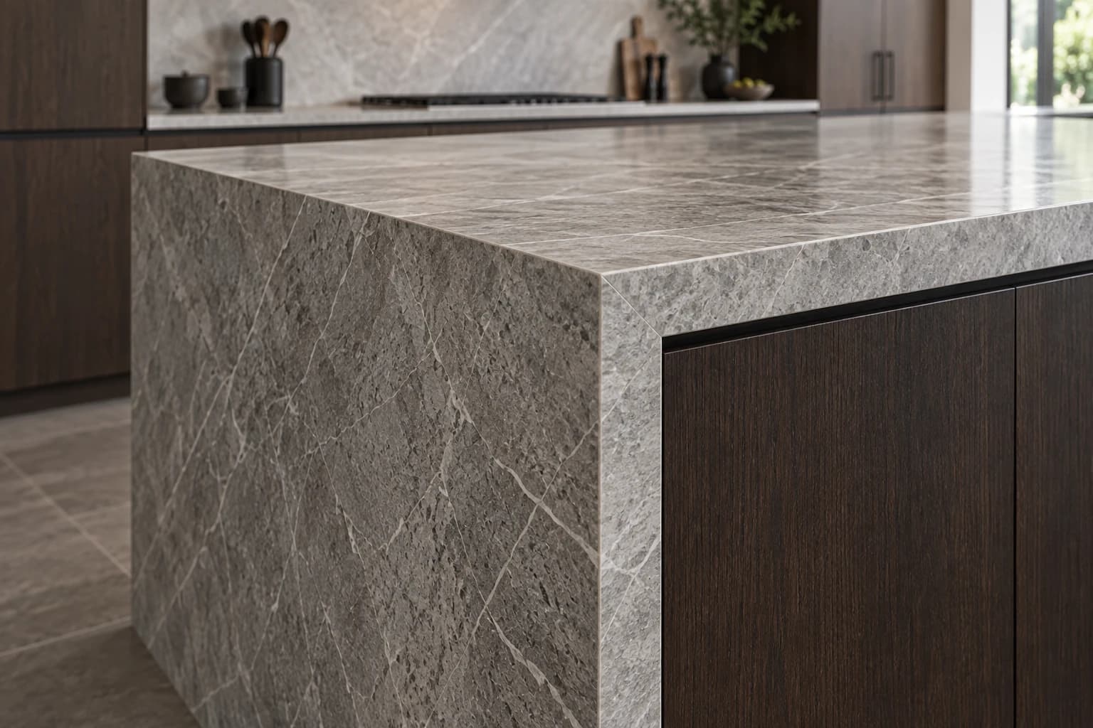 Concept detail of a stone kitchen island and oak cabinetry
